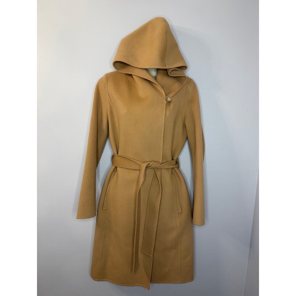 Theory Wilrose New Divide Wool Cashmere Wool Hooded Belted Wrap Coat Tan Sz S - Picture 3 of 14